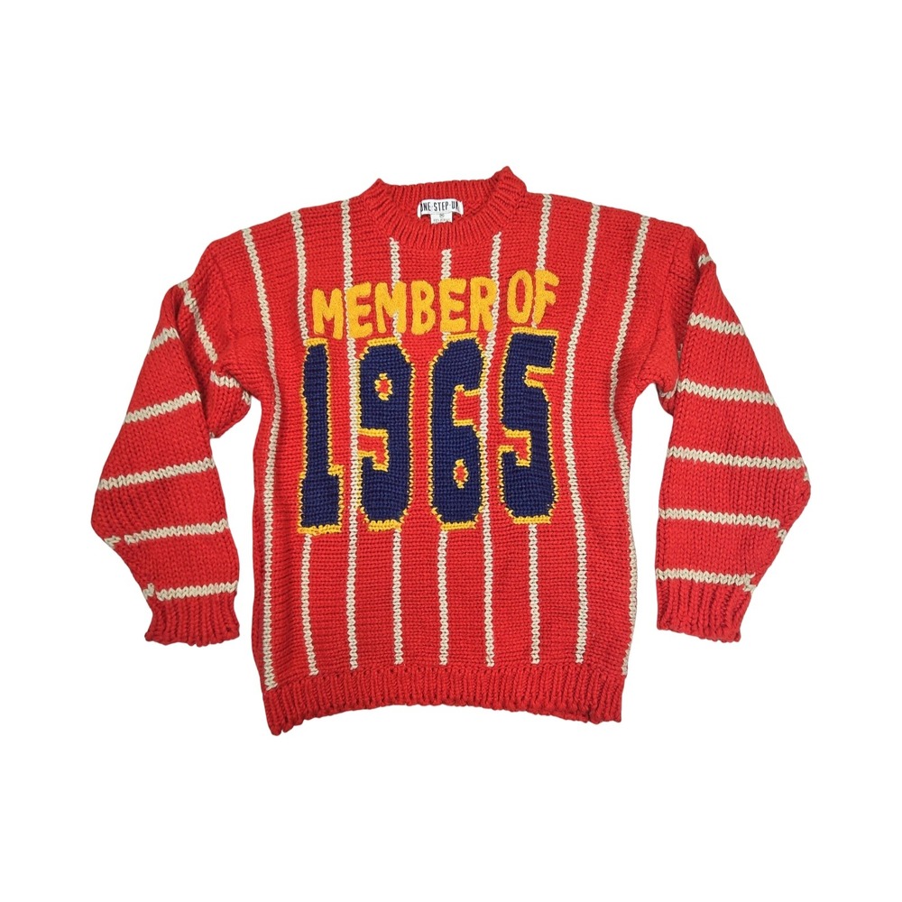 One Step Up Vintage 60s Red Striped Knit Sweater Member of 1965 Graphic MD - Picture 1 of 10